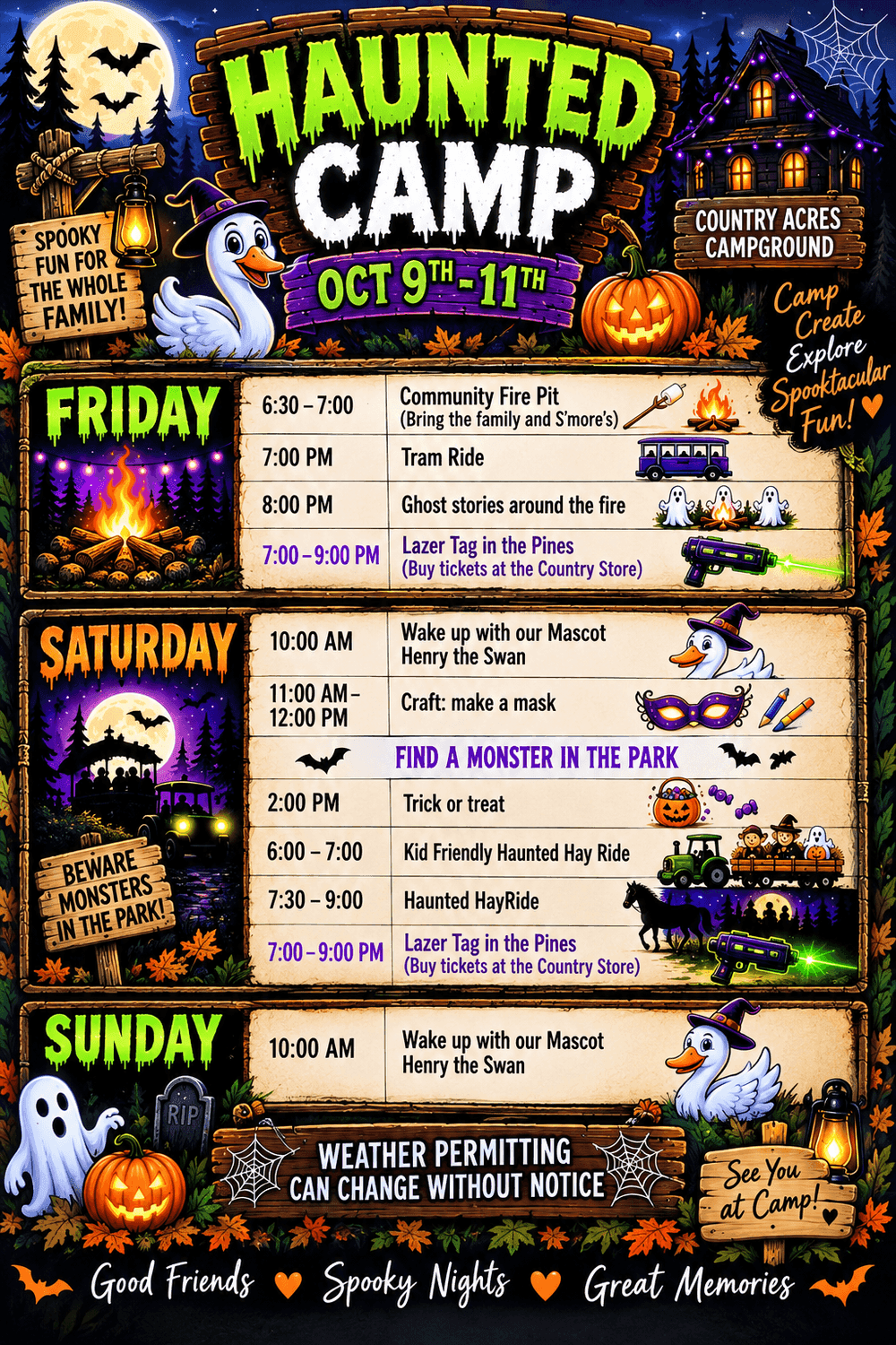 Country Acres Haunted Camp, Oct 9–11