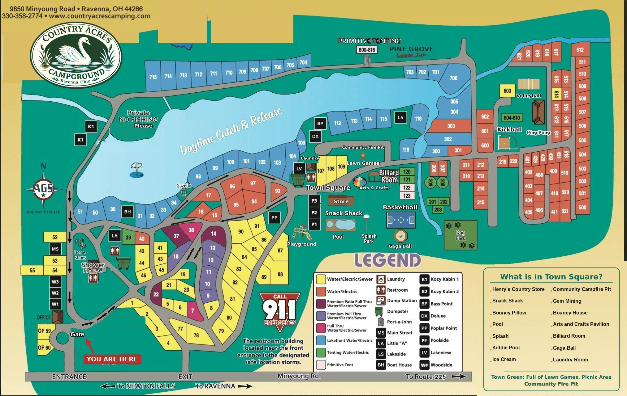 Country Acres Campground site map showing RV sites, cabins, tent sites, the lake, pool, splash pad, laser tag, gem mining, and Town Square amenities